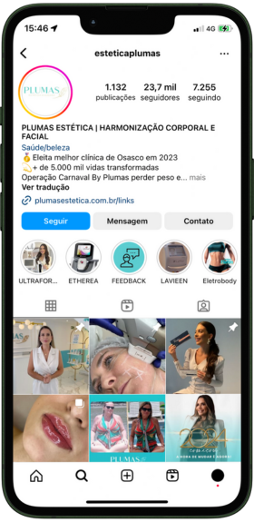 Descubra um mundo de beleza e bem-estar em nosso perfil do Instagram. Siga-nos para ter acesso a dicas exclusivas, promoções imperdíveis e as últimas novidades em tratamentos estéticos. Junte-se à nossa comunidade de seguidores e acompanhe de perto nossa jornada em busca da excelência e do cuidado com a sua beleza. Não perca mais tempo, siga-nos agora e faça parte dessa experiência única!